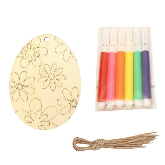 LEWEEN 10 Pcs 2D Wooden Easter Egg Pendant with Rope 6 Watercolor Pens, Unfinished 3.1x2.4 Inch Decorations for DIY Crafts Parties Home, Ideal for Gift Labels Handwritten Signs Baby Showers Birthdays