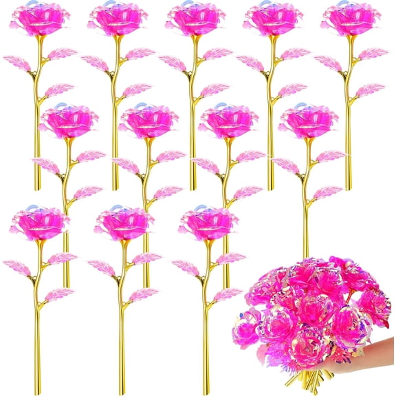 LEWEEN 12 Pcs Galaxy Rose Flowers Valentine's Day Gift Flowers with Stems Gift for Her Forever Preserved 24k Fake Crystal Rose for Mother's Day Birthday Wedding Decor, 10'' (Pink)