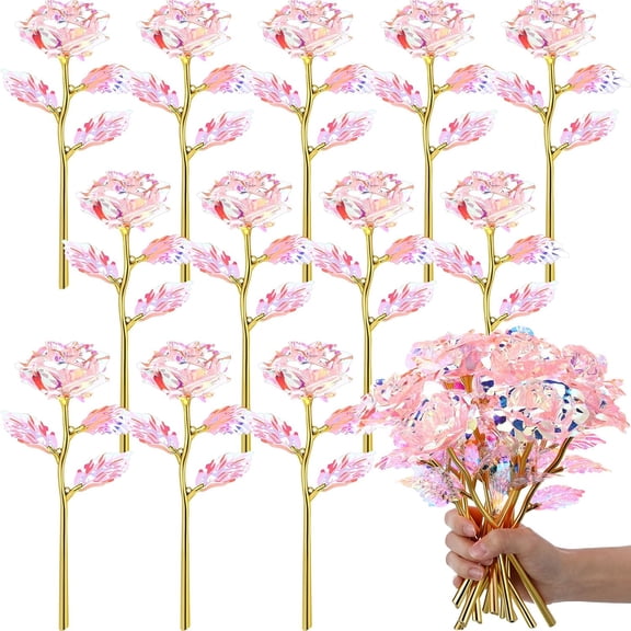 LEWEEN 12 Pcs Galaxy Rose Flowers Valentine's Day Gift Flowers with Stems Gift for Her Forever Preserved 24k Fake Crystal Rose for Mother's Day Birthday Wedding Decor, 10'' (Light Pink)