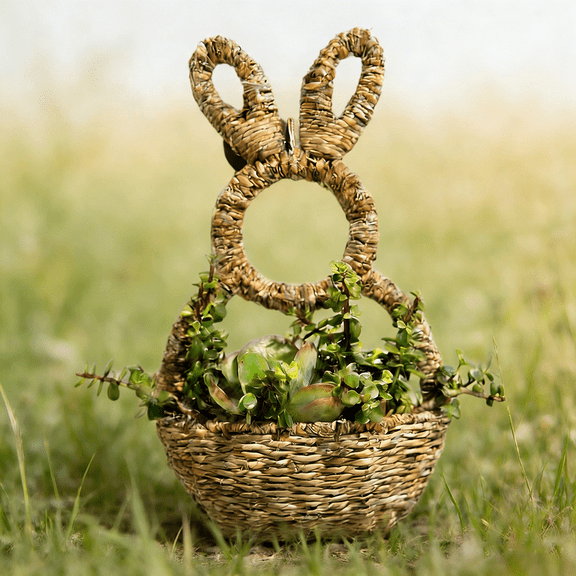 LEWEEN 15.7 Inch Spring Decor Bunny Basket Hanging Wall Pocket, Hand-Woven Cute Rabbit Design, Retro Woven Storage for Indoor Outdoor Easter Bunny Spring Wreath Wall Hanging Bag