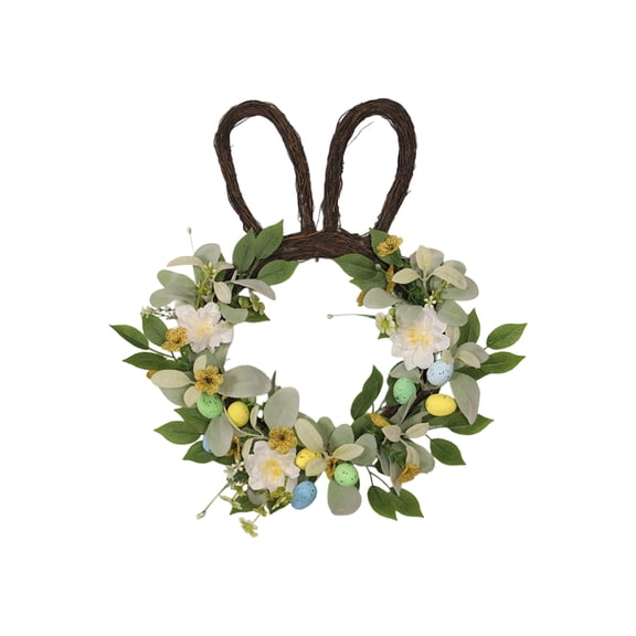 LEWEEN 3D Bunny Ear Leaf Wreath with Easter Egg Pendants 2026, 19.7 Inch Artificial Easter Decorations, Spring Home Wall Door Hanging, Dining Table Centerpiece, Fireplace Party Decor
