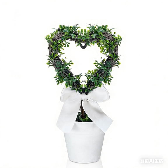 LEWEEN 8 Inch Artificial Heart-Shaped Potted Plant Valentines Day Gifts White Small Simulated Tree with Pot for Home Tabletop Shelf Windowsill Valentine Decor