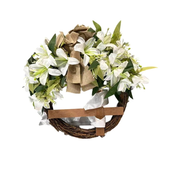 LEWEEN Easter Cross Wreath with Artificial Tulips, 13.8 Inch Holiday Decorations for Window Display Hanging, Ideal for Easter Home Decor Gifts, Versatile Indoor Outdoor Party Ornament