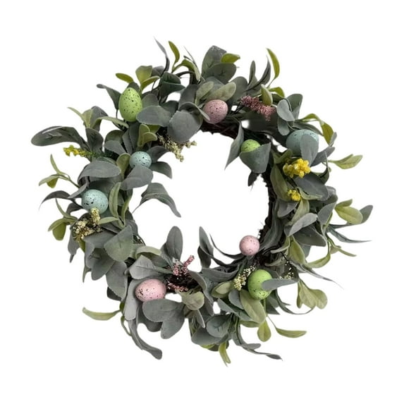 LEWEEN Easter Egg Lamb Ear Faux Wreath 17.7 Inch, Boho Door Wall Decorations, Indoor Outdoor Home Decor Easter Gifts for Holiday Party Housewarming