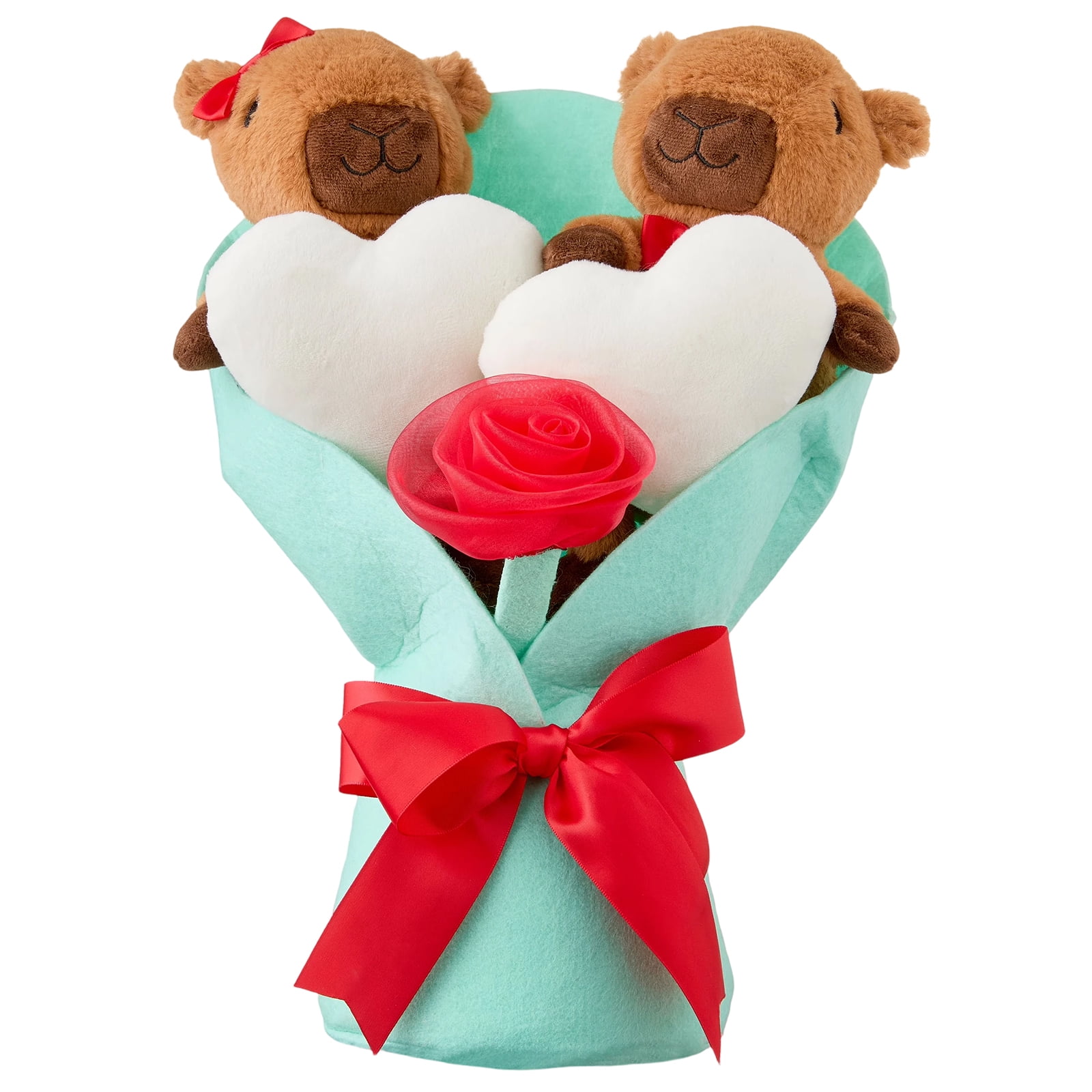 LEWEEN Heart Accent Capybara Bouquet Plush: 11.8 Inch Valentine's Day Medium Capybara Plush Toy with Pink Satin Bow, Soft Cuddly Design, Ideal for Gifts and Home Decor
