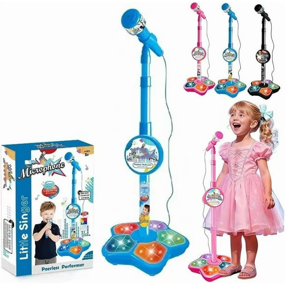 LEWEEN Star Microphone All-in-One Microphone Funny Karaoke Microphones with Stand,Adjustable Height,Built-in Music and Echo,Flashing LED Lights, Fun Singing Mic Gift(Blue)