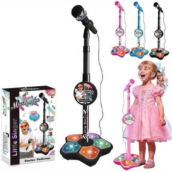 LEWEEN Star Microphone All-in-One Microphone Funny Karaoke Microphones with Stand,Adjustable Height,Built-in Music and Echo,Flashing LED Lights, Fun Singing Mic Gift(Black)