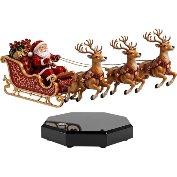 LEWEEN Magnetic Levitation Santa Sleigh Display, Rotating Floating Christmas Decoration with 3 Reindeer for Tabletop Holiday Home Decor