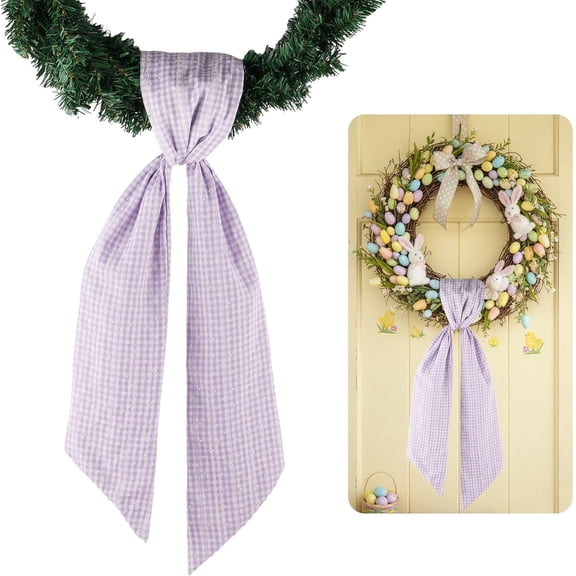 LEWEEN Purple White Jacquard Plaid Wreath Sash Front Door Decoration, 5.12" x 54.33" Blank Sash Spring Easter Girls Birthday Wedding Holiday Party Bow Ribbon Farmhouse Home Decor