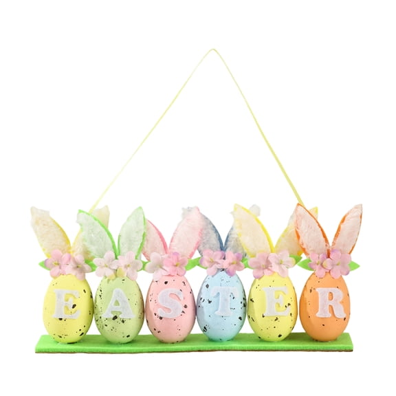 LEWEEN Speckled 3D Easter Egg Hanging Decor With Bunny Ears Flowers, Spells EASTER Letter Ornament 9x1.5x4 Inch, Front Door Wall Home Decorations