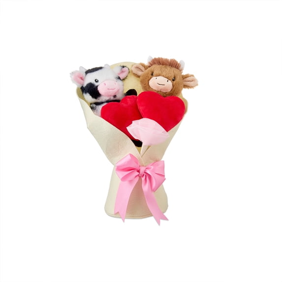 LEWEEN Valentine's Day Themed Cow Bouquet Plush, 13 Inch Medium Soft Cuddly Cow Plush Toy with Heart Accents and Pink Satin Bow, Perfect Gift and Home Decor Item