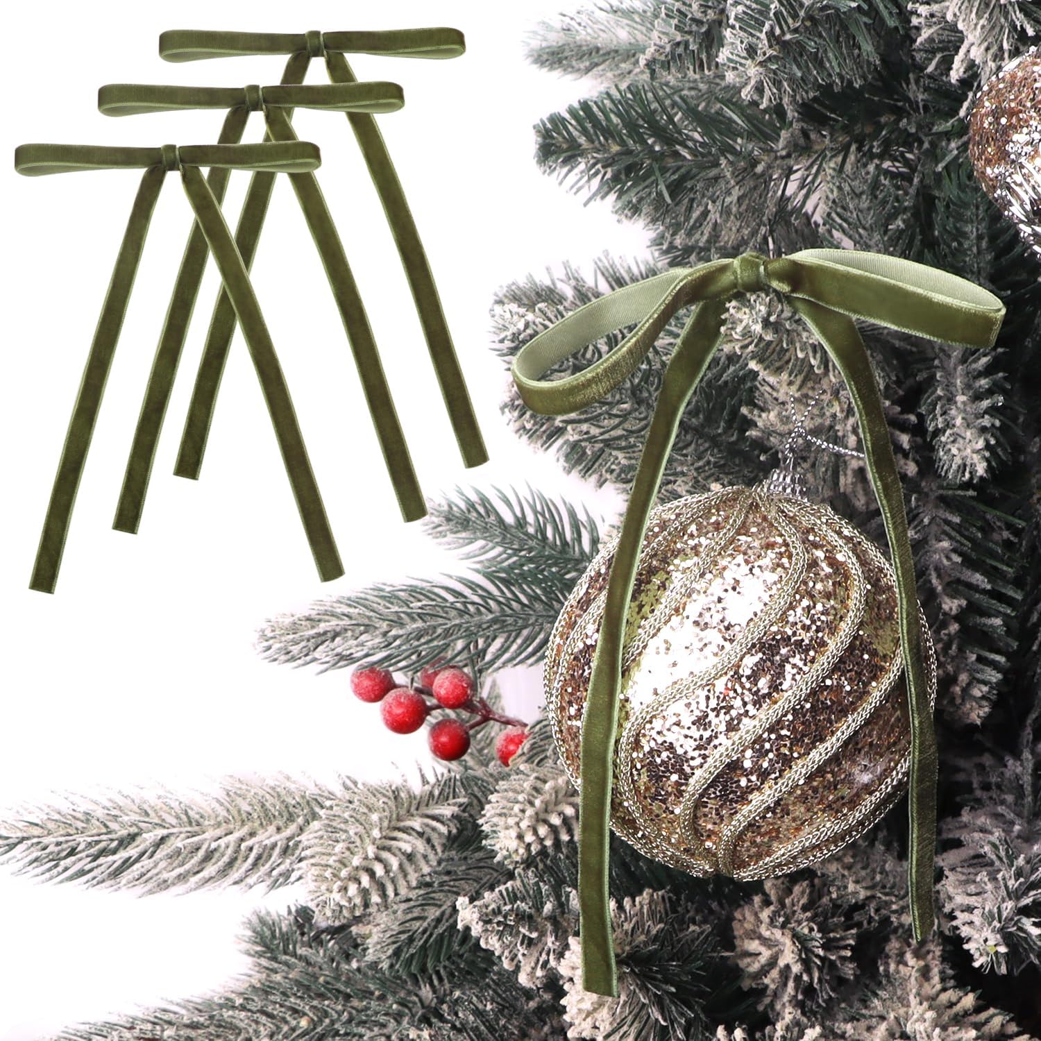 LEWEEN Velvet Christmas Tree Bows 24 Pcs Moss Green Vintage Wreath ...