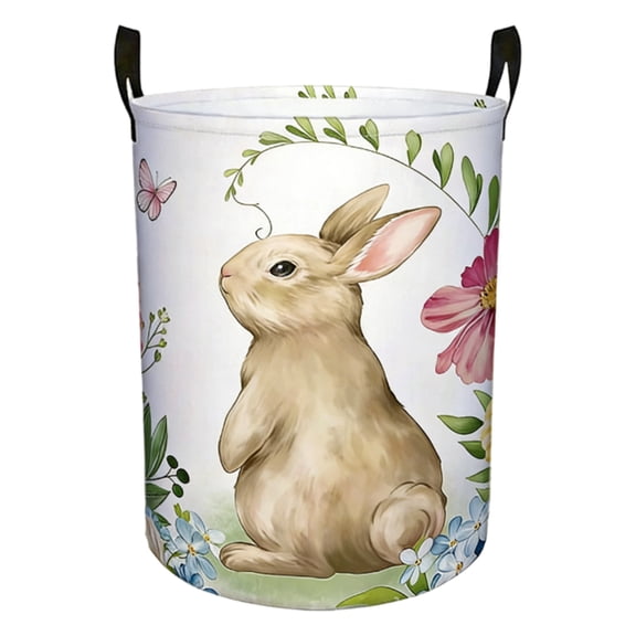 LEWEEN Watercolor Easter Bunny Laundry Hamper 15.7x19.7 Inch Collapsible Circular Dirty Clothes Basket with Handle, Storage Bins for Home Dorm Bathroom Organizer Decor