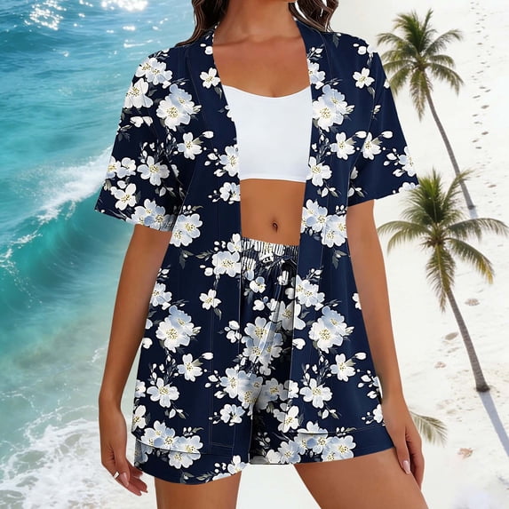LEWKW 3 Piece Vacation Outfits for Women Flower Print Kimono Cardigan & Shorts Sets Summer Beach Lounge Wear Boho Floral Matching Cover up Suits