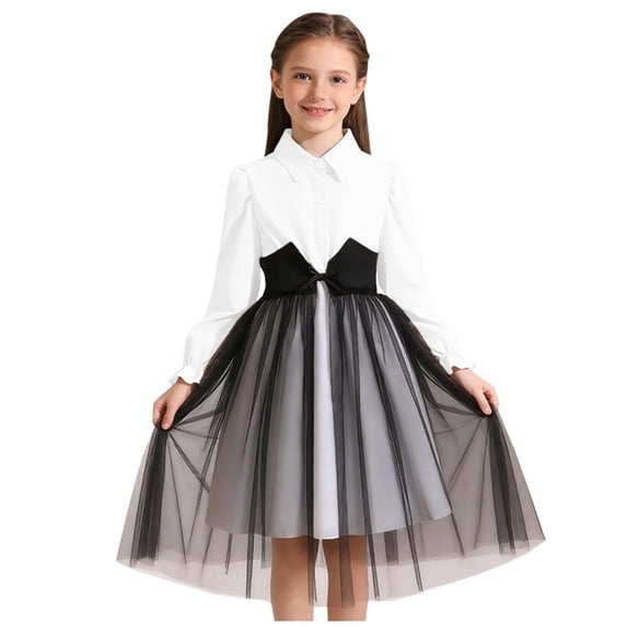 LEWKW Big Girl's Color Block Shirt Dress Long Sleeve Button Down Pink Tulle Splice A-Line Midi for Spring School Dance and Casual Party