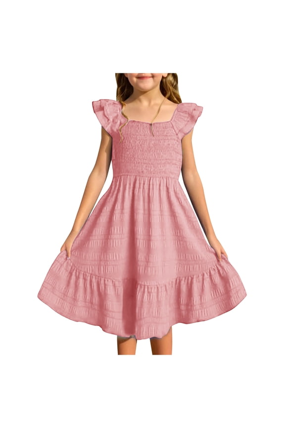 Big Girl's Smocked Sundress Solid Color Flutter Sleeve Tiered A-Line Midi Frock for Spring Casual Daily Wear and School Concert