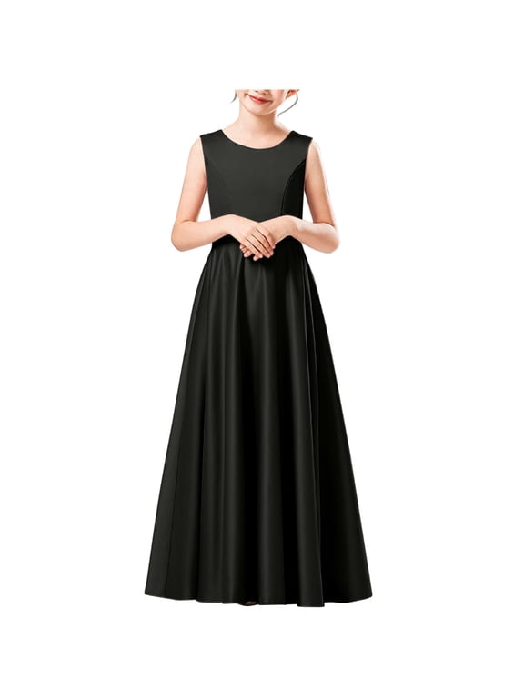 Big Girl's Solid Black Maxi Dress Sleeveless Floor Length Satin formal Ball Gown for Spring Orchestra Concert and Special Event
