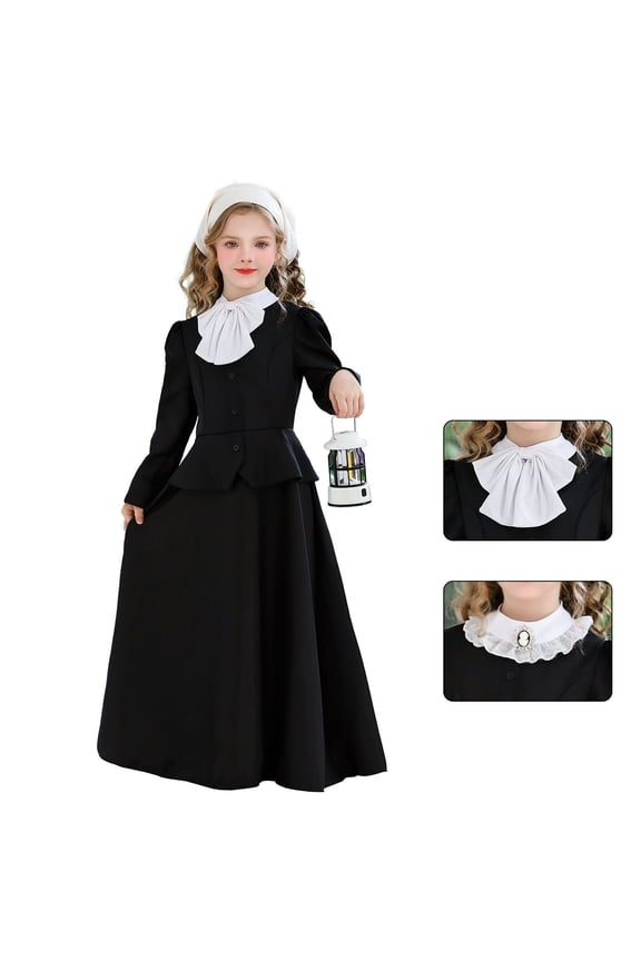 Big Girl's Vintage Maxi Dress Colonial Pilgrim Style Contrast Collar Long Sleeve Modest for Spring School History Play