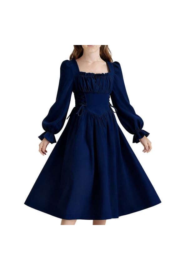 Big Girl's Vintage Renaissance Dress Square Neck Puff Sleeve Corset Lace Up Midi Gown for Spring and Themed Tea Party