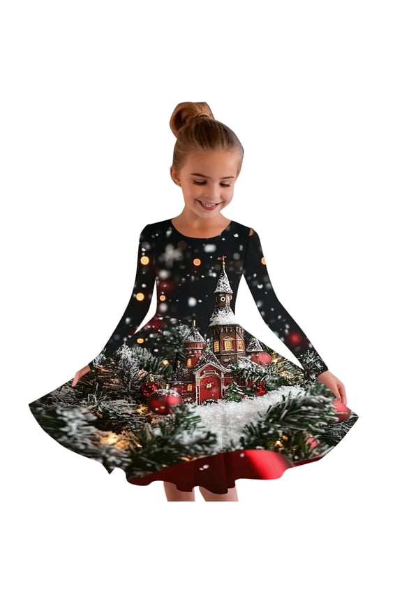 Big Girl's forest Tree Print Dress Long Sleeve Red Holiday Party Dress Soft Stretchy A-Line for Spring Casual and Family Gathering