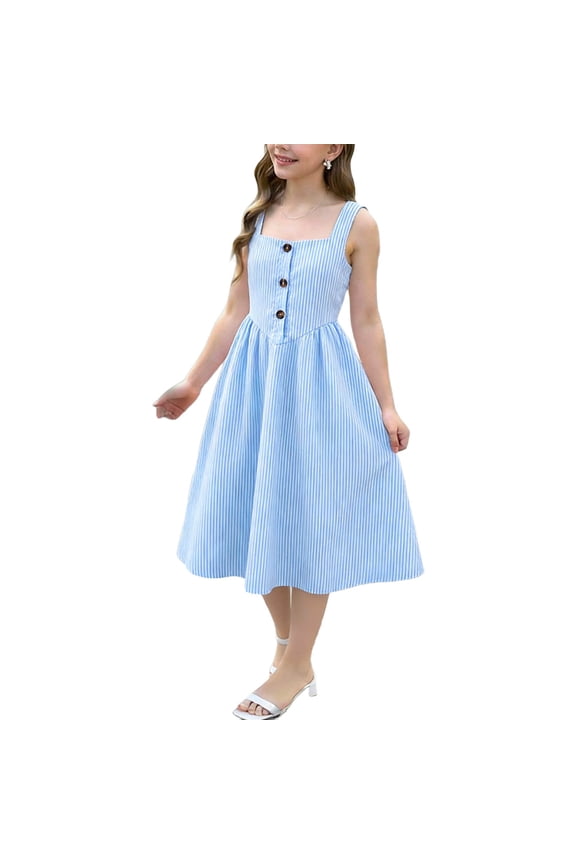 Big Girls A-Line Midi Dress Vertical Stripe Print Button Front Sleeveless Square Neck for Spring Beach Vacation and Casual Summer