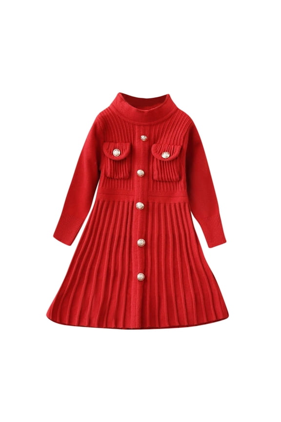 Big Girls Preppy Pleated Knit Dress Long Sleeve Button Down Uniform Style A-Line Dress with Pockets for Back To School and Spring Church