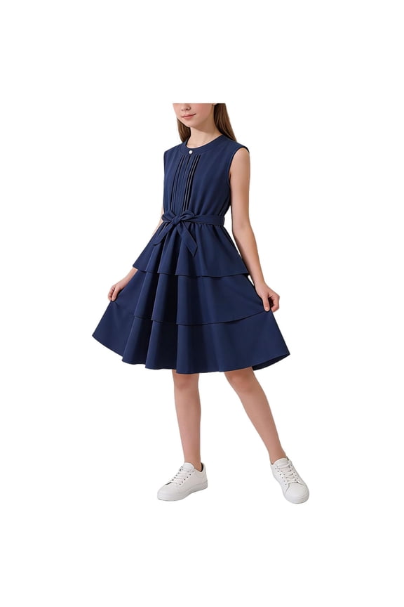 Big Girls Sleeveless Tiered Skirt Dress Pleated Front with Bow Knot Waist Belt formal Wedding Guest Church Wear Preppy Uniform Style Swing Frock