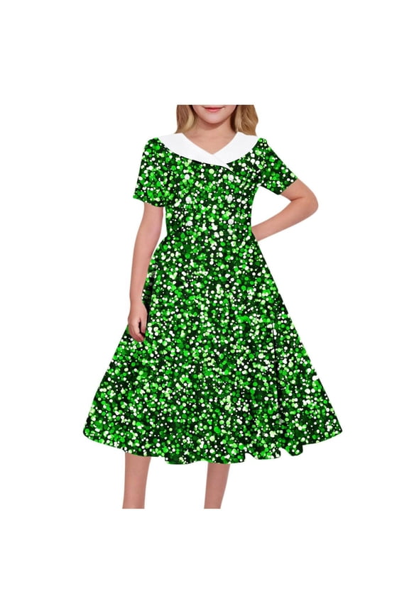 Big Girls St. Patrick's Day Dress Short Sleeve Clover Print Sailor Collar Double Breasted A-Line Skater Dress for Spring Parade Festive Wear