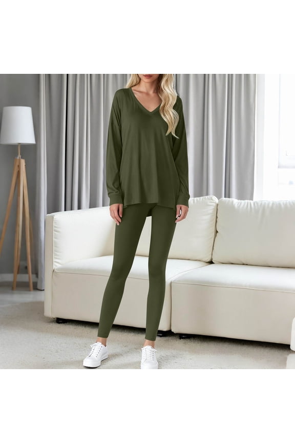 Casual Lounge Sets for Women Oversized Long Sleeve V Neck Tunic Top And Stretchy Leggings 2 Piece Outfits Relaxed Soft Comfy Daily Tracksuits