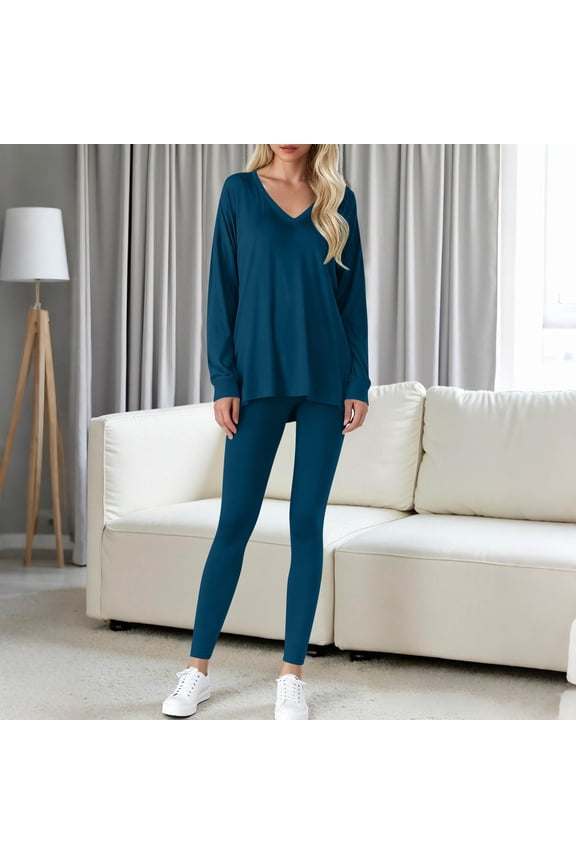 Casual Lounge Sets for Women Oversized Long Sleeve V Neck Tunic Top And Stretchy Leggings 2 Piece Outfits Relaxed Soft Comfy Daily Tracksuits