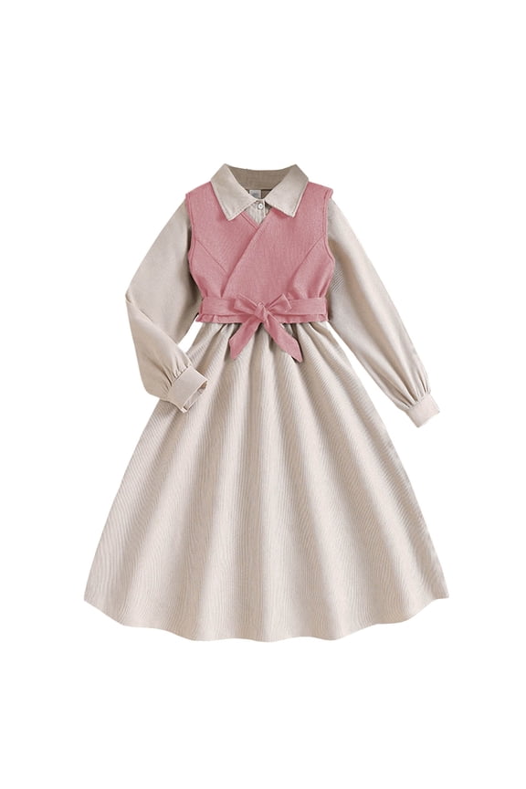 Fake Two Piece Shirt Dress for Girls Vest Overlay Long Sleeve Collared Preppy A-Line for Spring School Uniform and Academy Style
