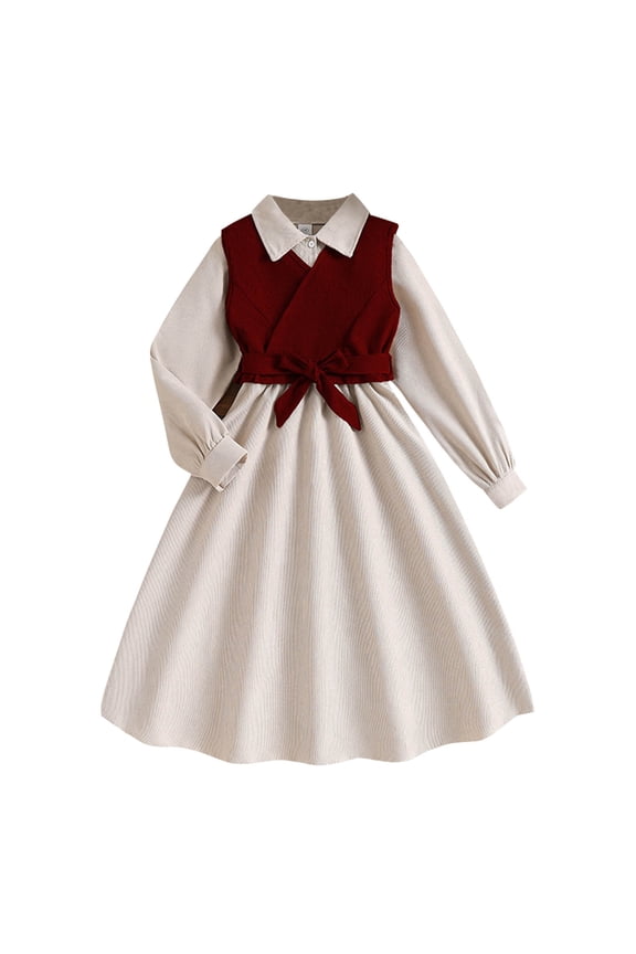 Fake Two Piece Shirt Dress for Girls Vest Overlay Long Sleeve Collared Preppy A-Line for Spring School Uniform and Academy Style