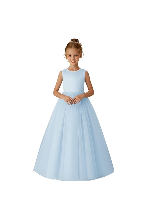 Girl's Floor Length Tulle Gown Pearl Beaded Waist Sleeveless Elegant Maxi Ball Gown for Junior Bridesmaid Pageant and Spring Wedding