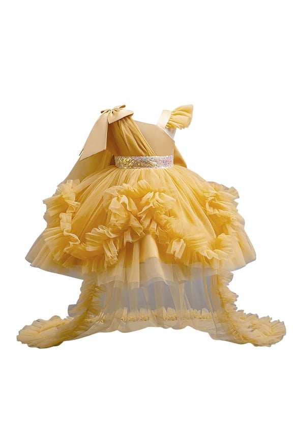 Girl's One Shoulder High Low Tulle Dress Sequin Ruffle Tiered Elegant Princess Gown for Spring Pageant and Wedding Flower Girl