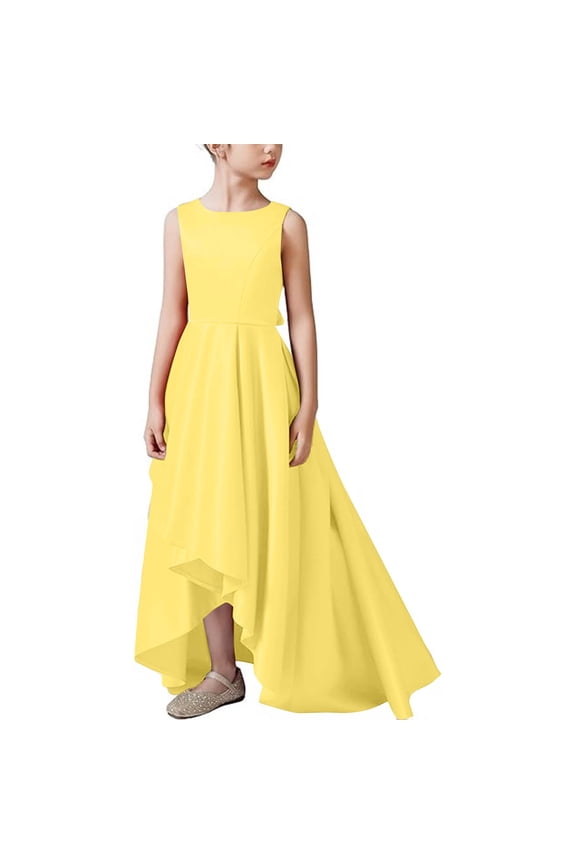 Girl's Satin High Low Dress Sleeveless Solid Color formal Ball Gown Fit and Flare for Junior Bridesmaid and Spring Evening Event