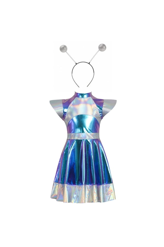 Girl's Silver Metallic Robot Dress Short Sleeve Shiny Foil Space Alien Outfit with Headband for Spring School Performance