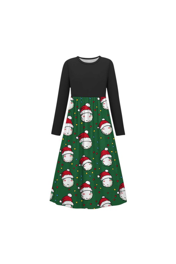 Girls Maxi Dress Long Sleeve Christmas Stocking Pattern A-Line Silhouette Soft Stretchy Holiday Party Gown Festive Celebration Fall Winter