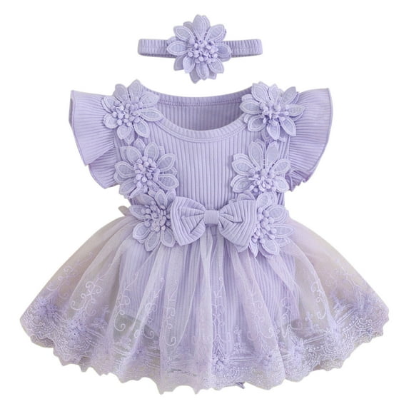 LEWKW Infant Baby Girls 3D Flower Tulle Dress with Headband Set Flutter Sleeve Mesh Tutu Bodysuit Dress for Easter Birthday Cake Smash
