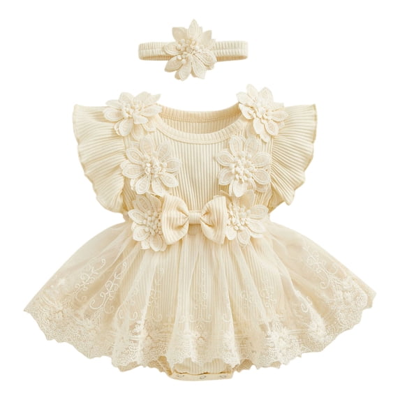 LEWKW Infant Baby Girls 3D Flower Tulle Dress with Headband Set Flutter Sleeve Mesh Tutu Bodysuit Dress for Easter Birthday Cake Smash