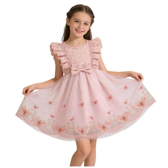 LEWKW Little Girl's Butterfly Tulle Dress Ruffle Sleeve Embroidered Hem Princess Frock for Spring Easter Party and Wedding Flower Girl