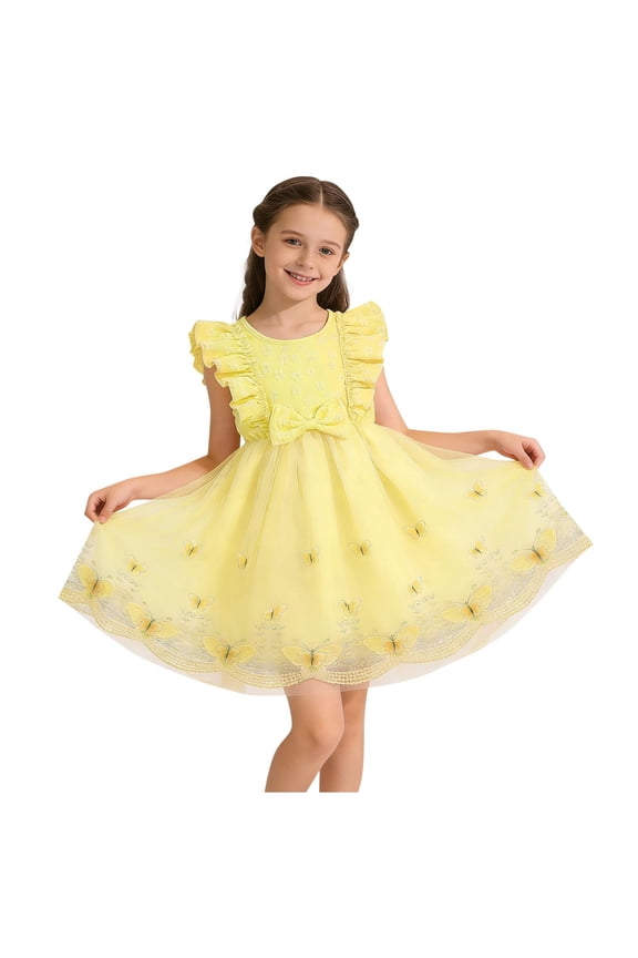 Little Girl's Butterfly Tulle Dress Ruffle Sleeve Embroidered Hem Princess Frock for Spring Easter Party and Wedding Flower Girl