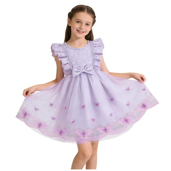 LEWKW Little Girl's Butterfly Tulle Dress Ruffle Sleeve Embroidered Hem Princess Frock for Spring Easter Party and Wedding Flower Girl