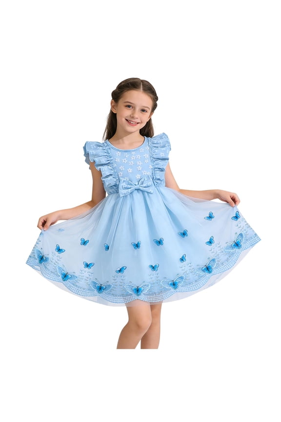 Little Girl's Butterfly Tulle Dress Ruffle Sleeve Embroidered Hem Princess Frock for Spring Easter Party and Wedding Flower Girl