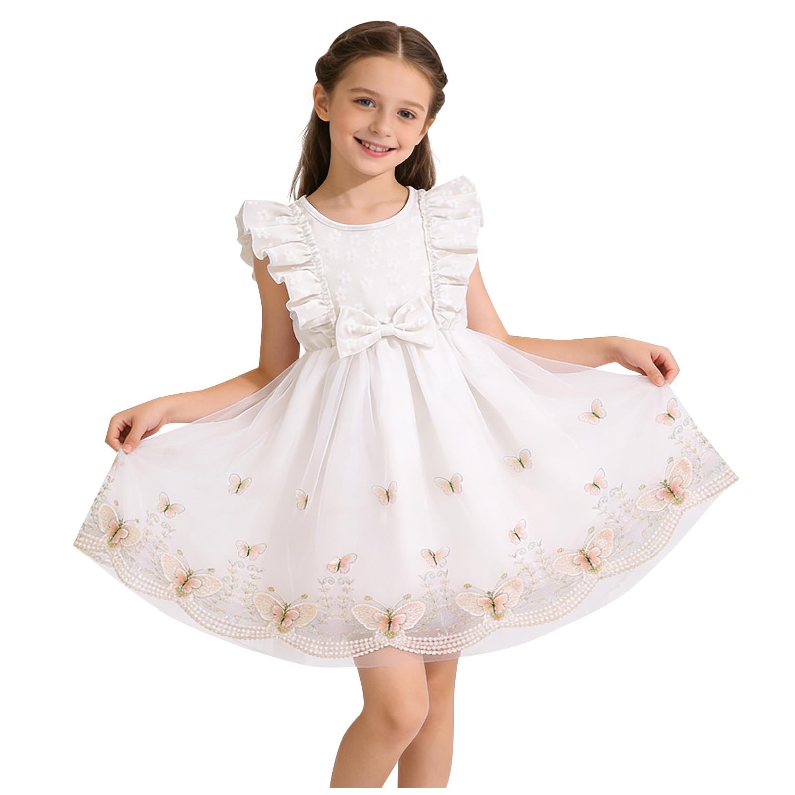 LEWKW Little Girl's Butterfly Tulle Dress Ruffle Sleeve Embroidered Hem