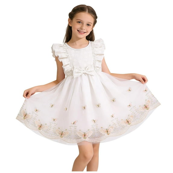 LEWKW Little Girl's Butterfly Tulle Dress Ruffle Sleeve Embroidered Hem Princess Frock for Spring Easter Party and Wedding Flower Girl