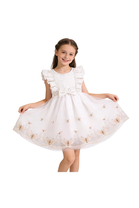 Little Girl's Butterfly Tulle Dress Ruffle Sleeve Embroidered Hem Princess Frock for Spring Easter Party and Wedding Flower Girl