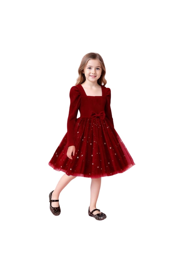 Little Girl's Royal Velvet Tulle Dress Long Sleeve Star Print Sparkle A-Line Frock for Spring Birthday Party and Evening
