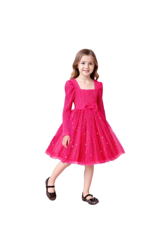 Little Girl's Royal Velvet Tulle Dress Long Sleeve Star Print Sparkle A-Line Frock for Spring Birthday Party and Evening