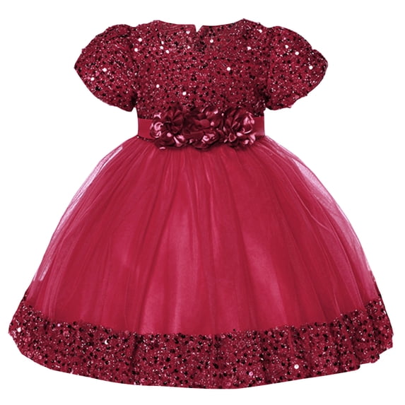 LEWKW Little Girl's Sequin Tulle Dress Sparkly Bodice Flower Waist Short Sleeve Princess Ball Gown for Spring Wedding Flower Girl Party