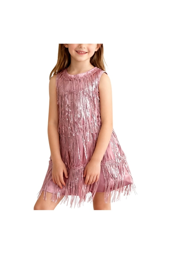 Little Girl's Tassel Fringe Party Dress Sleeveless Sparkle Sequin Layered Shift Dress for Spring Latin Dance Performance